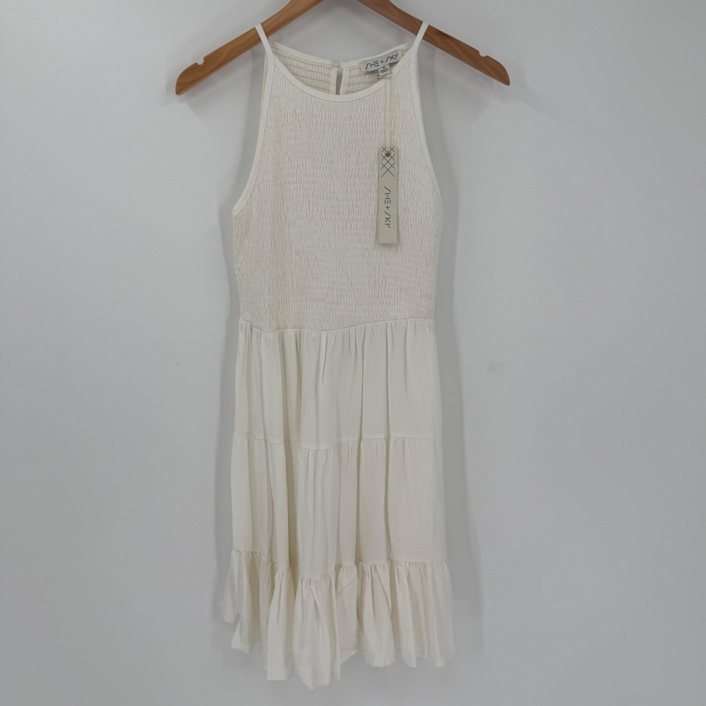 NWT She + Sky Ivory Smocked Tiered Mini Dress Sleeveless‎ Size S